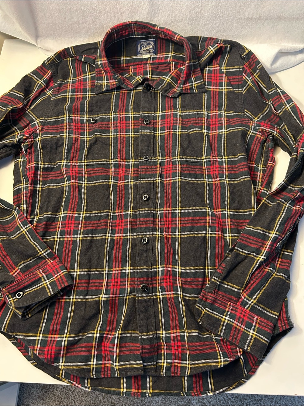J. Crew Black Plaid Button-Down Shirt with Red & Yellow Stripes